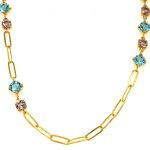 SILVER GOLD PLATED PAPER CLIP CHAIN WITH BLUE AND PINK CUBIC STONES